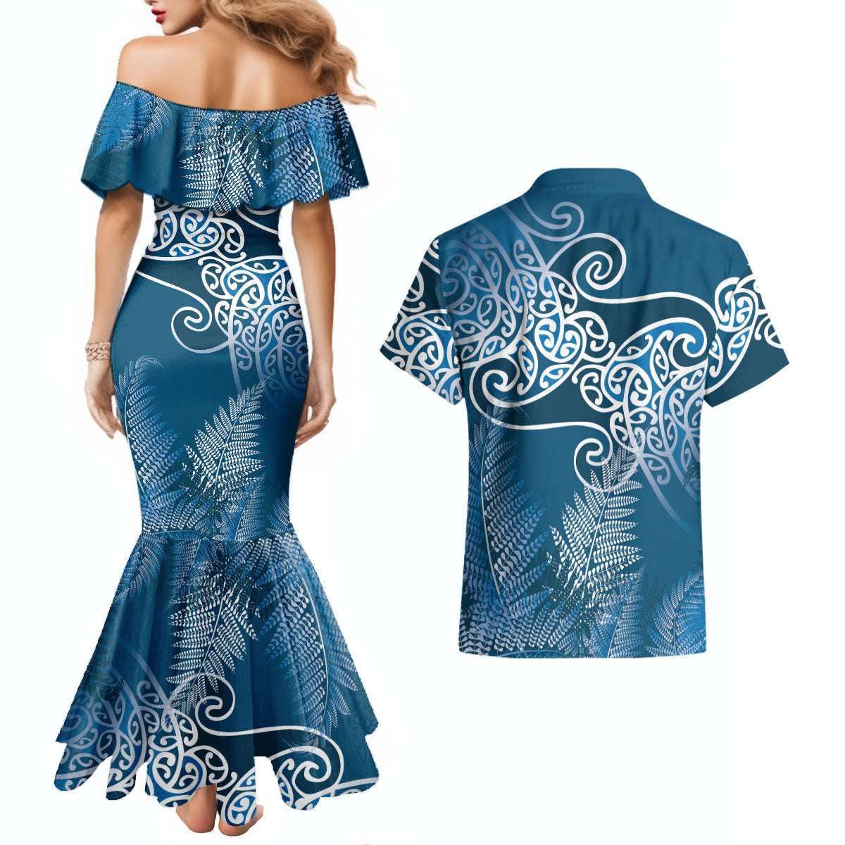 Aotearoa Maori Koru Curves Couples Matching Mermaid Dress and Hawaiian Shirt Silver Ferns - Navy Blue