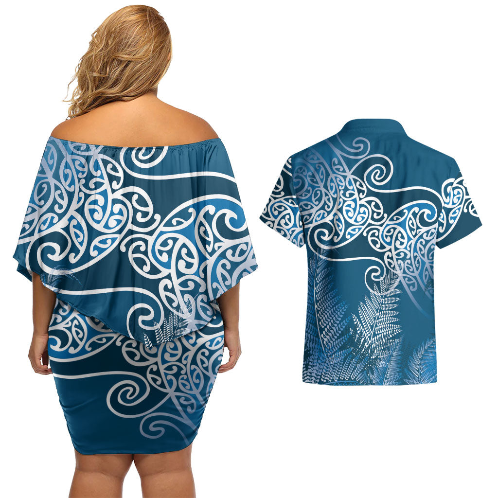 Aotearoa Maori Koru Curves Couples Matching Off Shoulder Short Dress and Hawaiian Shirt Silver Ferns - Navy Blue