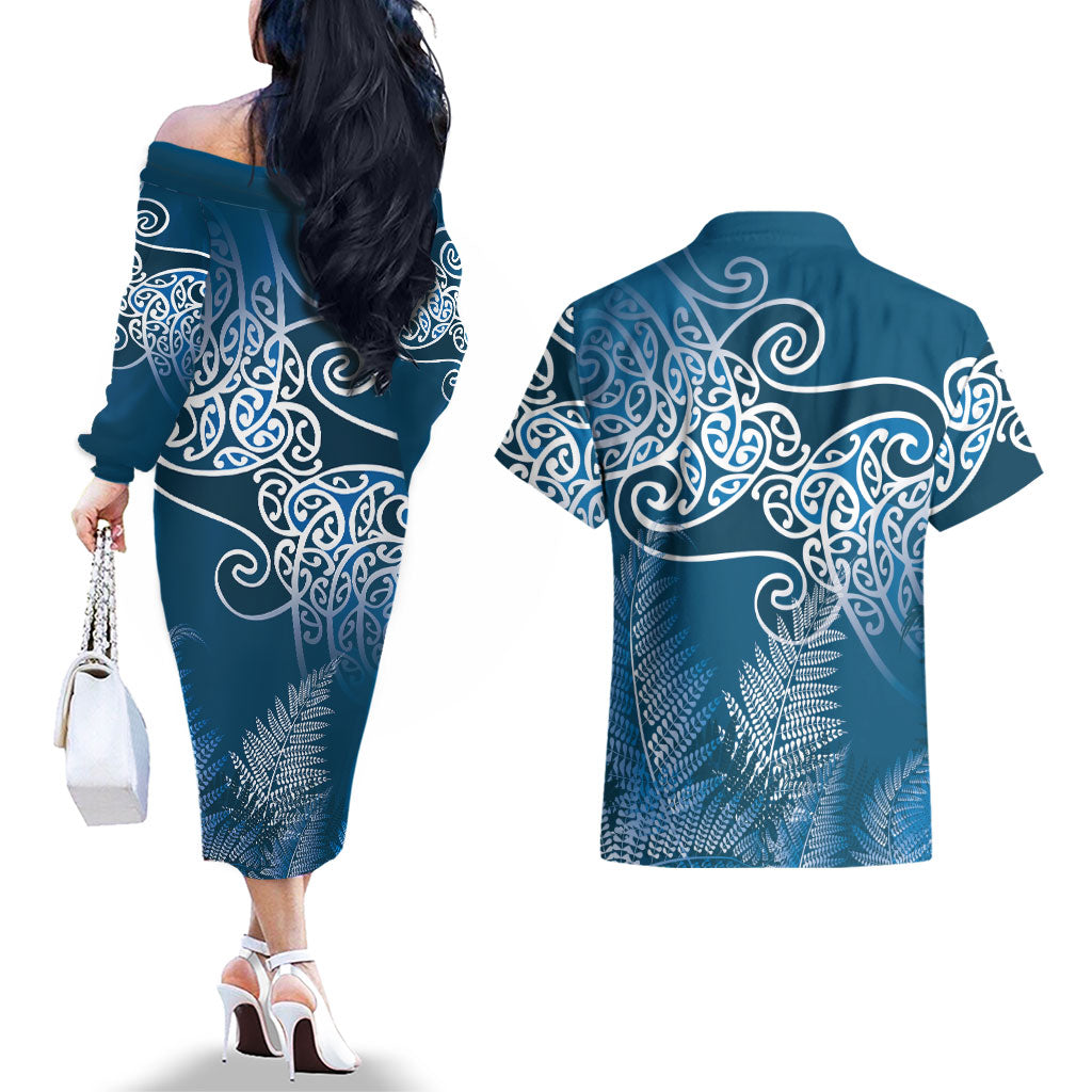 Aotearoa Maori Koru Curves Couples Matching Off The Shoulder Long Sleeve Dress and Hawaiian Shirt Silver Ferns - Navy Blue