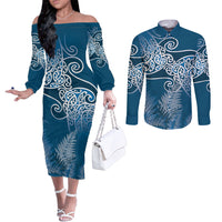 Aotearoa Maori Koru Curves Couples Matching Off The Shoulder Long Sleeve Dress and Long Sleeve Button Shirt Silver Ferns - Navy Blue