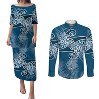 Aotearoa Maori Koru Curves Couples Matching Puletasi and Long Sleeve Button Shirt Silver Ferns - Navy Blue