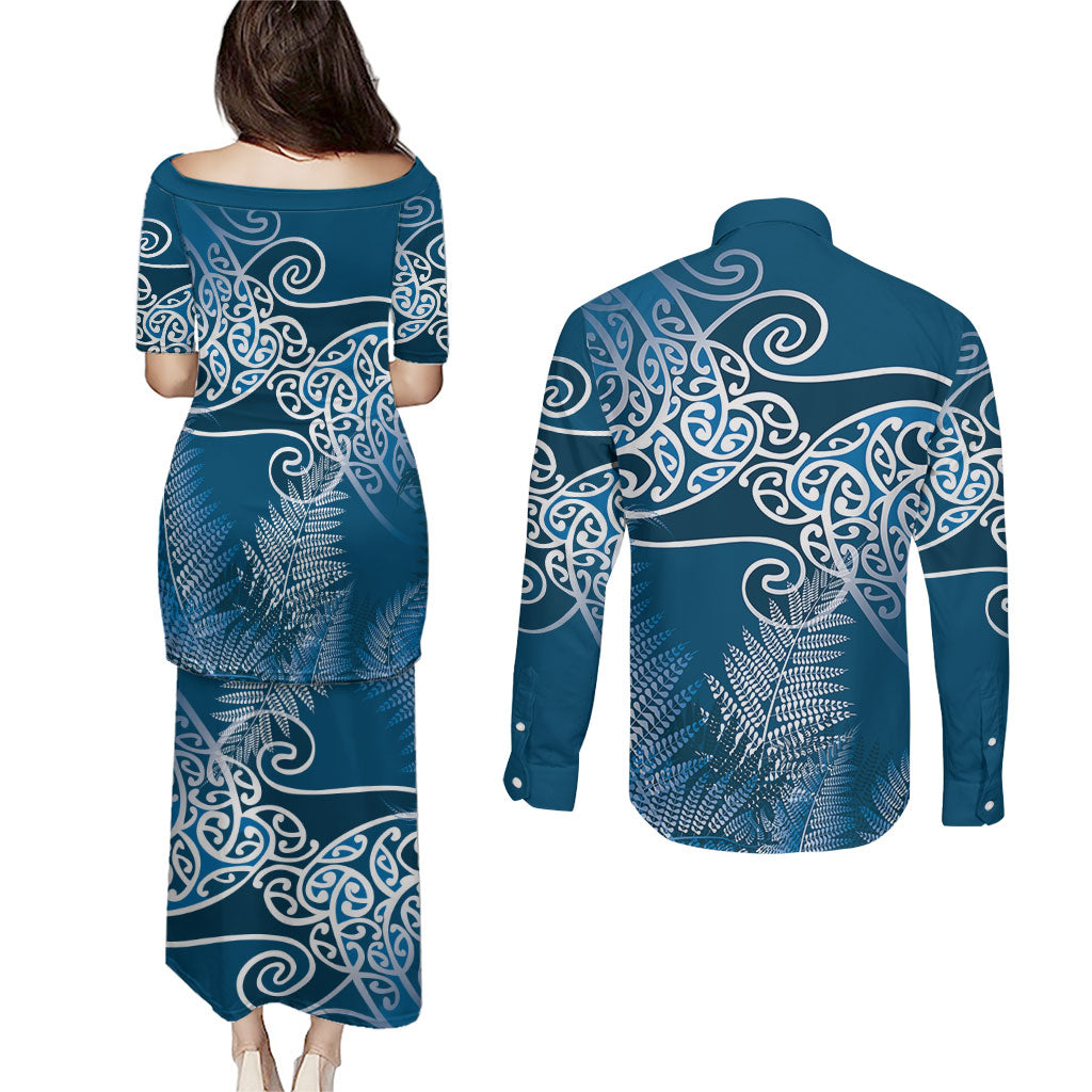 Aotearoa Maori Koru Curves Couples Matching Puletasi and Long Sleeve Button Shirt Silver Ferns - Navy Blue