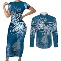 Aotearoa Maori Koru Curves Couples Matching Short Sleeve Bodycon Dress and Long Sleeve Button Shirt Silver Ferns - Navy Blue