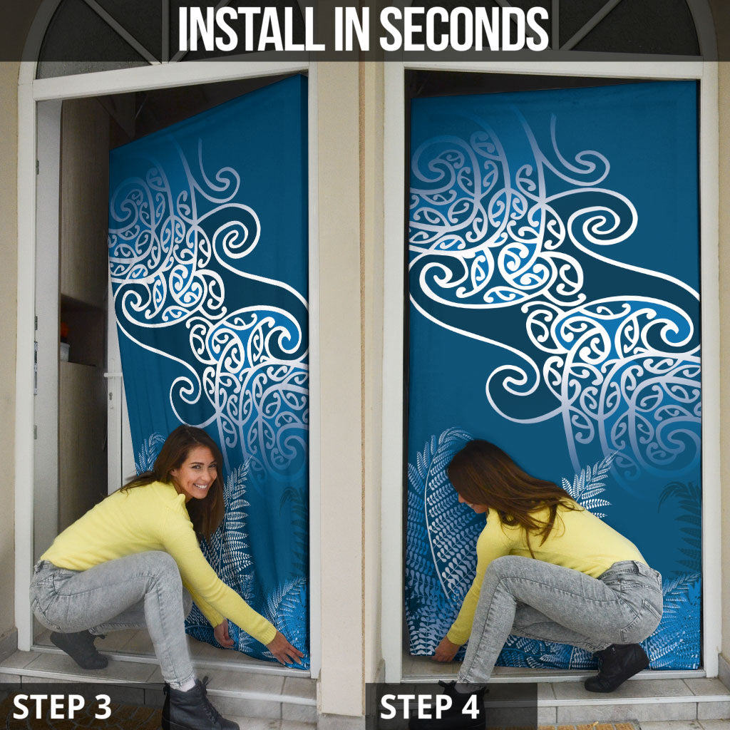 Aotearoa Maori Koru Curves Door Cover Silver Ferns - Navy Blue