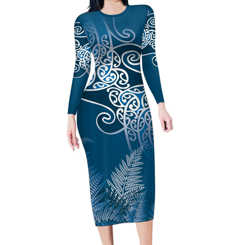 Aotearoa Maori Koru Curves Family Matching Long Sleeve Bodycon Dress and Hawaiian Shirt Silver Ferns - Navy Blue LT7 Mom's Dress Navy Blue - Polynesian Pride