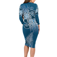 Aotearoa Maori Koru Curves Family Matching Long Sleeve Bodycon Dress and Hawaiian Shirt Silver Ferns - Navy Blue LT7 - Polynesian Pride