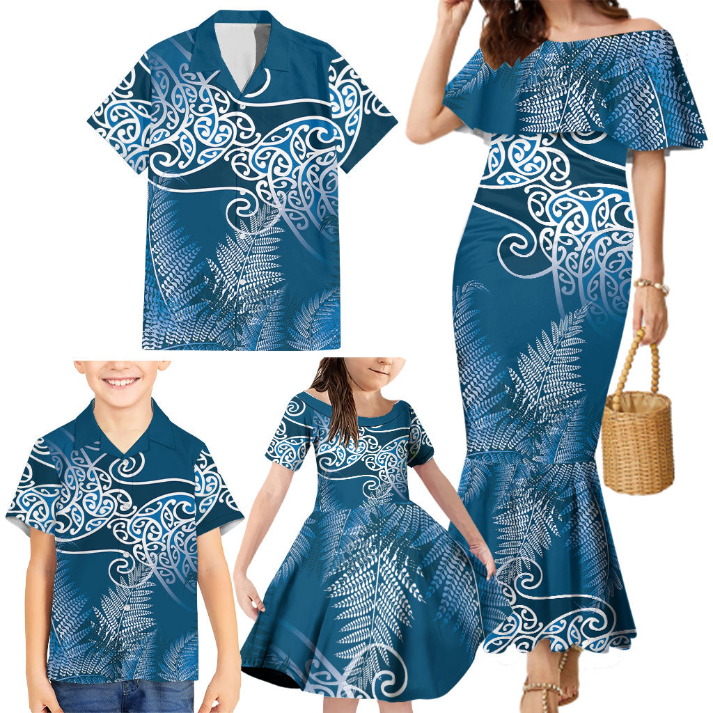 Aotearoa Maori Koru Curves Family Matching Mermaid Dress and Hawaiian Shirt Silver Ferns - Navy Blue LT7 - Polynesian Pride