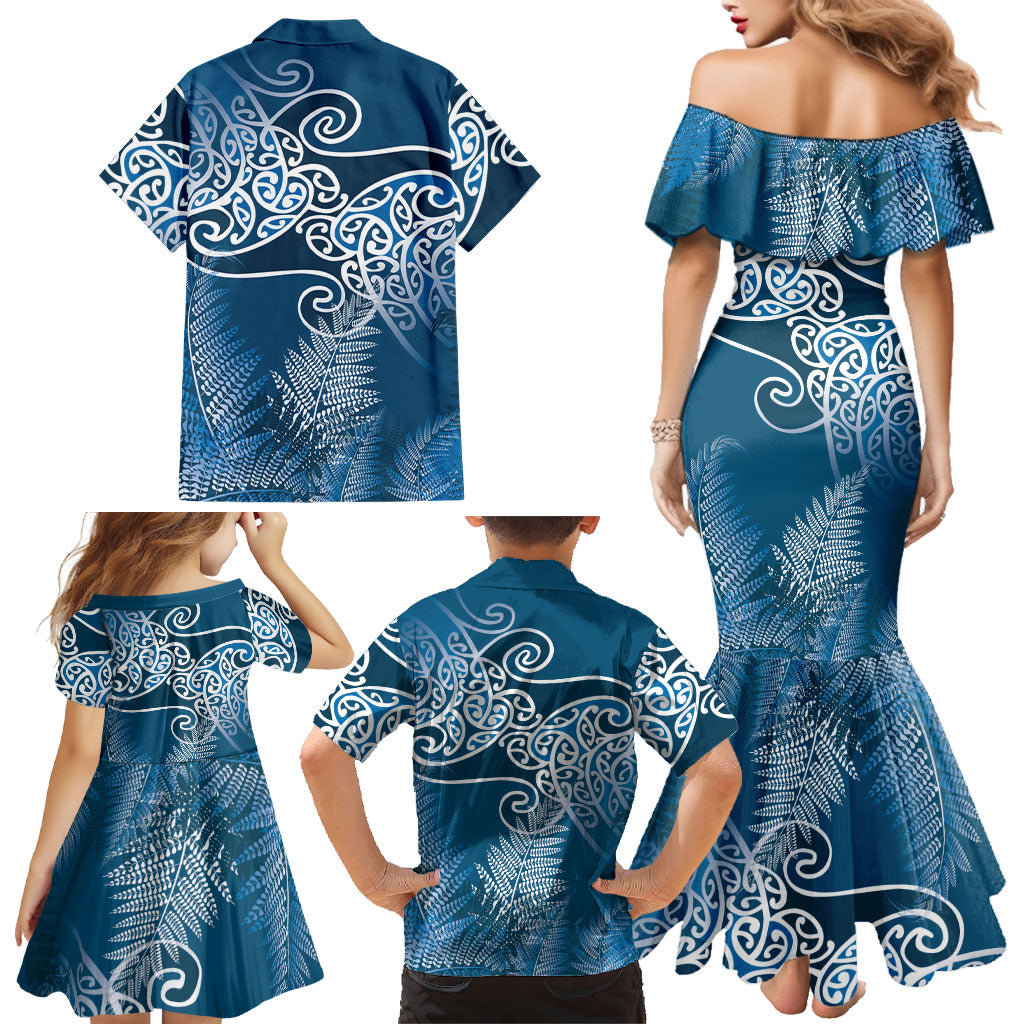 Aotearoa Maori Koru Curves Family Matching Mermaid Dress and Hawaiian Shirt Silver Ferns - Navy Blue LT7 - Polynesian Pride