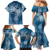 Aotearoa Maori Koru Curves Family Matching Mermaid Dress and Hawaiian Shirt Silver Ferns - Navy Blue LT7 - Polynesian Pride