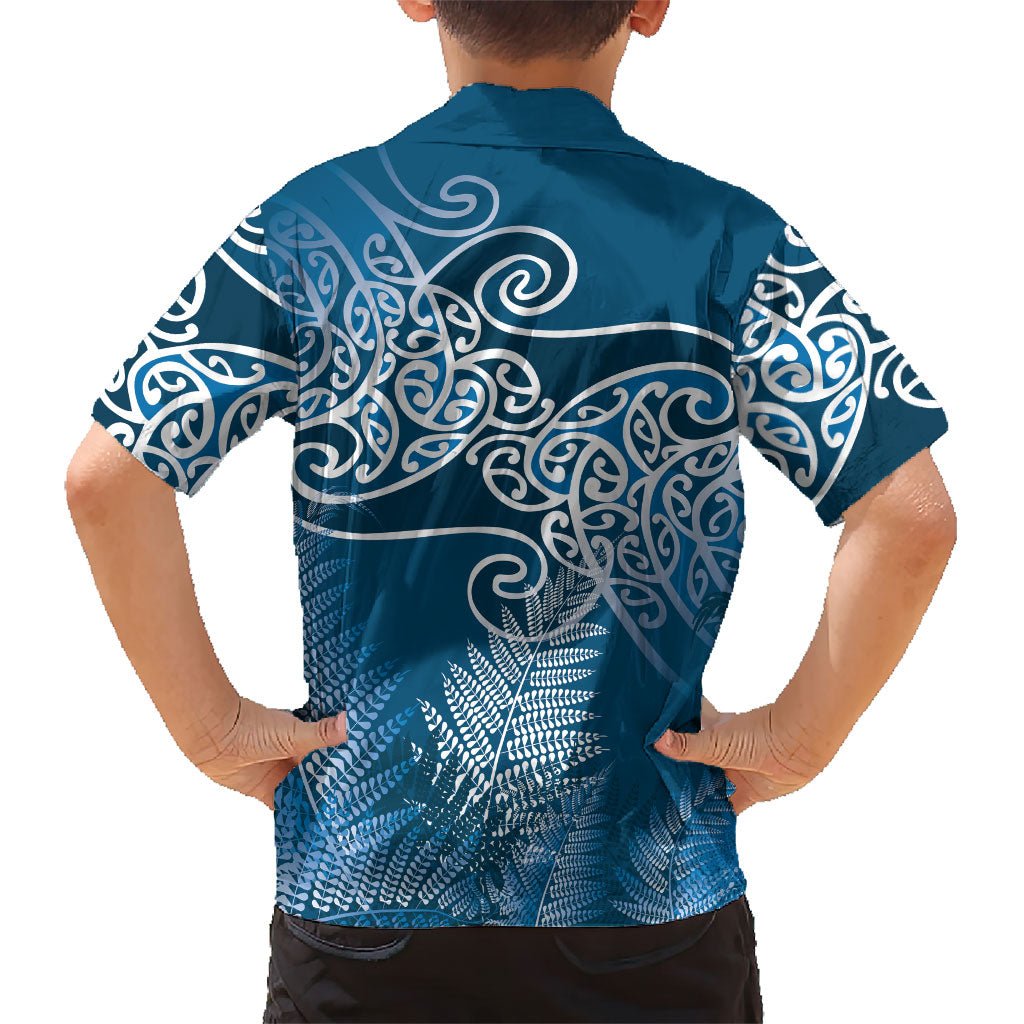 Aotearoa Maori Koru Curves Family Matching Off Shoulder Maxi Dress and Hawaiian Shirt Silver Ferns - Navy Blue LT7 - Polynesian Pride