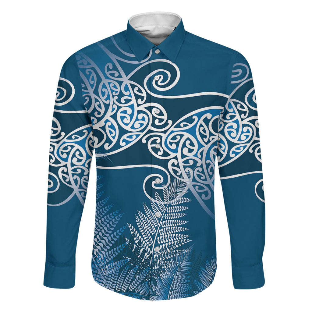 Aotearoa Maori Koru Curves Family Matching Off Shoulder Maxi Dress and Hawaiian Shirt Silver Ferns - Navy Blue LT7 Dad's Shirt - Long Sleeve Navy Blue - Polynesian Pride