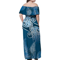 Aotearoa Maori Koru Curves Family Matching Off Shoulder Maxi Dress and Hawaiian Shirt Silver Ferns - Navy Blue LT7 - Polynesian Pride