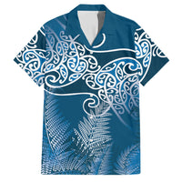 Aotearoa Maori Koru Curves Family Matching Off Shoulder Short Dress and Hawaiian Shirt Silver Ferns - Navy Blue LT7 Dad's Shirt - Short Sleeve Navy Blue - Polynesian Pride