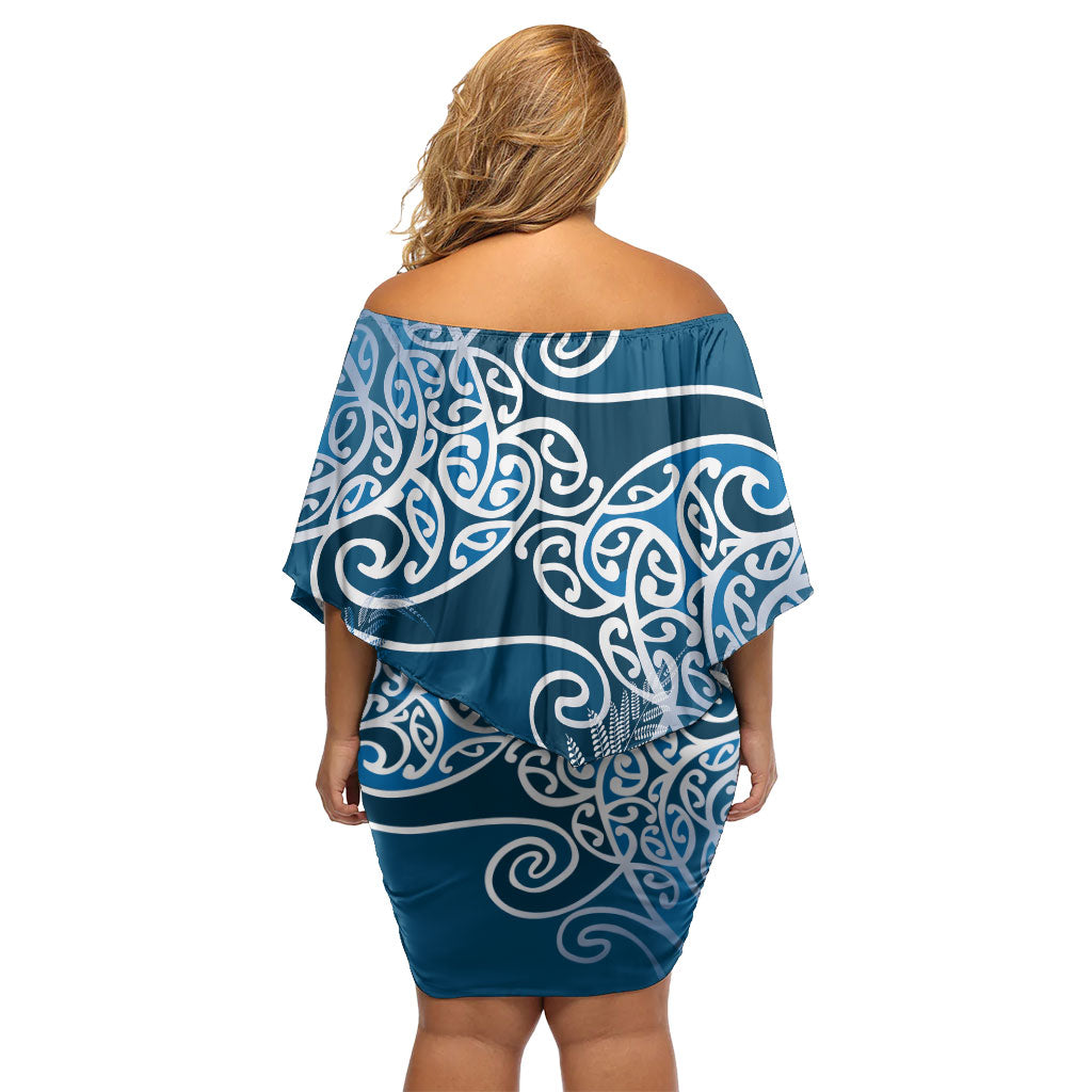 Aotearoa Maori Koru Curves Family Matching Off Shoulder Short Dress and Hawaiian Shirt Silver Ferns - Navy Blue LT7 - Polynesian Pride