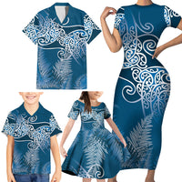 Aotearoa Maori Koru Curves Family Matching Short Sleeve Bodycon Dress and Hawaiian Shirt Silver Ferns - Navy Blue LT7 - Polynesian Pride