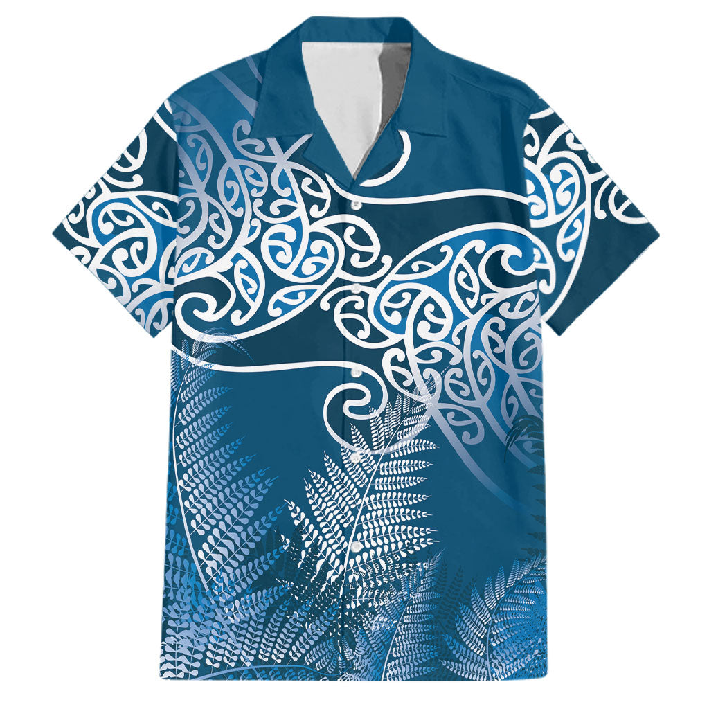 Aotearoa Maori Koru Curves Family Matching Short Sleeve Bodycon Dress and Hawaiian Shirt Silver Ferns - Navy Blue LT7 Dad's Shirt - Short Sleeve Navy Blue - Polynesian Pride