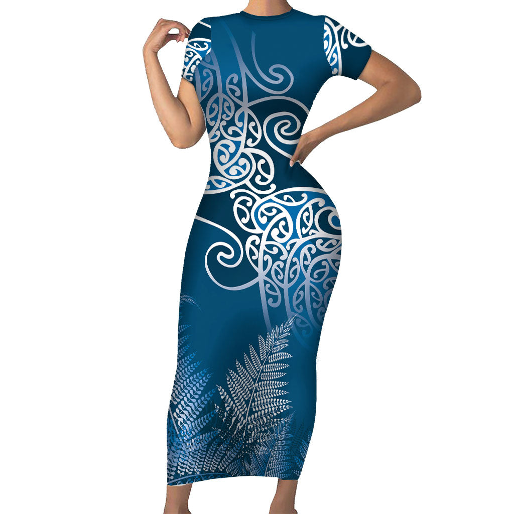 Aotearoa Maori Koru Curves Family Matching Short Sleeve Bodycon Dress and Hawaiian Shirt Silver Ferns - Navy Blue LT7 Mom's Dress Navy Blue - Polynesian Pride