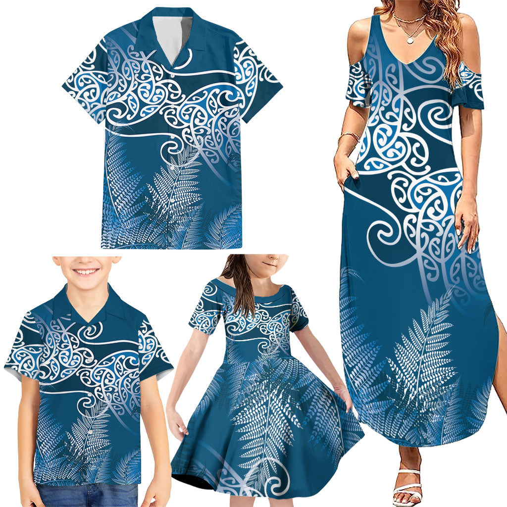 Aotearoa Maori Koru Curves Family Matching Summer Maxi Dress and Hawaiian Shirt Silver Ferns - Navy Blue LT7 - Polynesian Pride