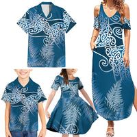Aotearoa Maori Koru Curves Family Matching Summer Maxi Dress and Hawaiian Shirt Silver Ferns - Navy Blue LT7 - Polynesian Pride