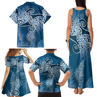 Aotearoa Maori Koru Curves Family Matching Tank Maxi Dress and Hawaiian Shirt Silver Ferns - Navy Blue LT7 - Polynesian Pride