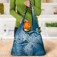 Aotearoa Maori Koru Curves Grocery Bag Silver Ferns - Navy Blue