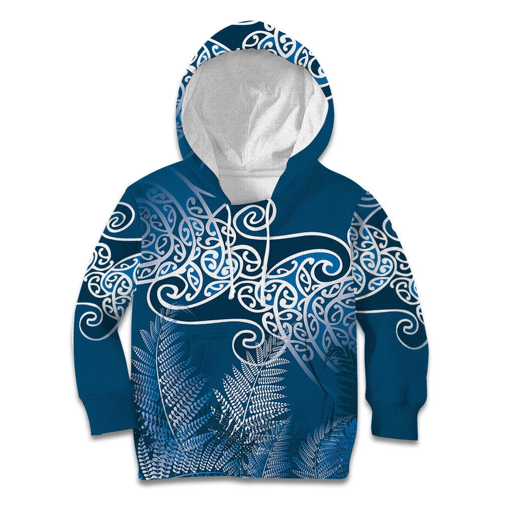 Aotearoa Maori Koru Curves Kid Hoodie Silver Ferns - Navy Blue