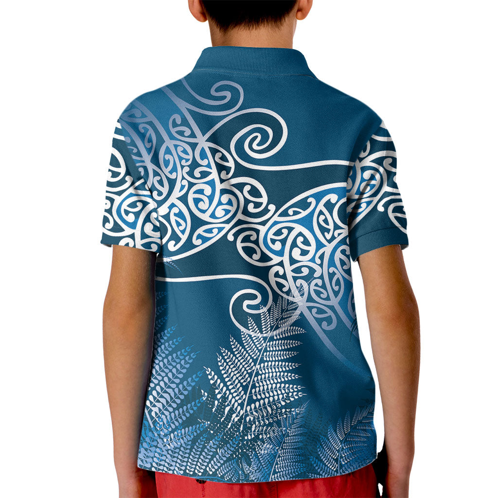 Aotearoa Maori Koru Curves Kid Polo Shirt Silver Ferns - Navy Blue