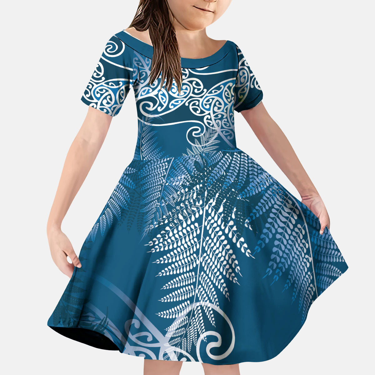 Aotearoa Maori Koru Curves Kid Short Sleeve Dress Silver Ferns - Navy Blue