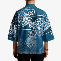 Aotearoa Maori Koru Curves Kimono Silver Ferns - Navy Blue