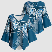 Aotearoa Maori Koru Curves Kimono Sleeve Blouse Silver Ferns - Navy Blue