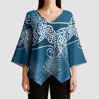 Aotearoa Maori Koru Curves Kimono Sleeve Blouse Silver Ferns - Navy Blue
