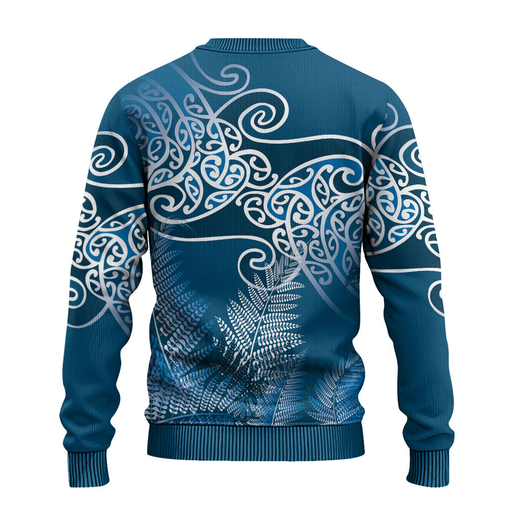 Aotearoa Maori Koru Curves Ugly Christmas Sweater Silver Ferns - Navy Blue LT7 - Polynesian Pride