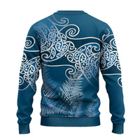 Aotearoa Maori Koru Curves Ugly Christmas Sweater Silver Ferns - Navy Blue LT7 - Polynesian Pride
