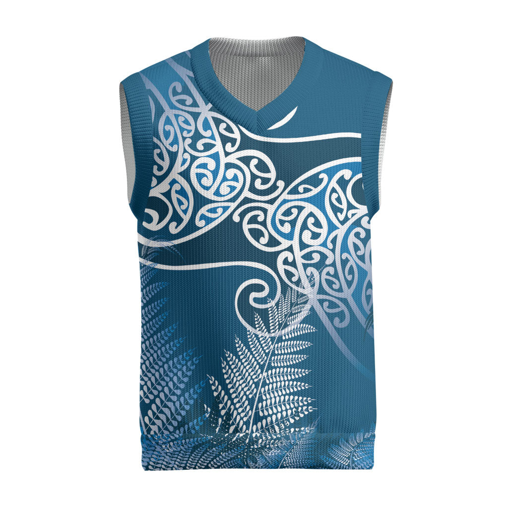 Aotearoa Maori Koru Curves Christmas Knitted V-Neck Vest Silver Ferns - Navy Blue LT7 Navy Blue - Polynesian Pride