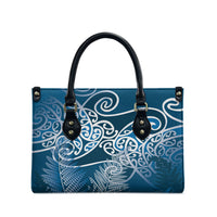 Aotearoa Maori Koru Curves Leather Bag Silver Ferns - Navy Blue
