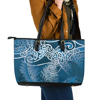 Aotearoa Maori Koru Curves Leather Tote Bag Silver Ferns - Navy Blue