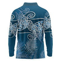 Aotearoa Maori Koru Curves Long Sleeve Polo Shirt Silver Ferns - Navy Blue