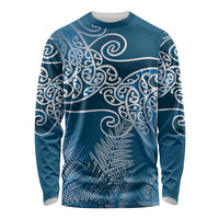 Aotearoa Maori Koru Curves Long Sleeve Shirt Silver Ferns - Navy Blue