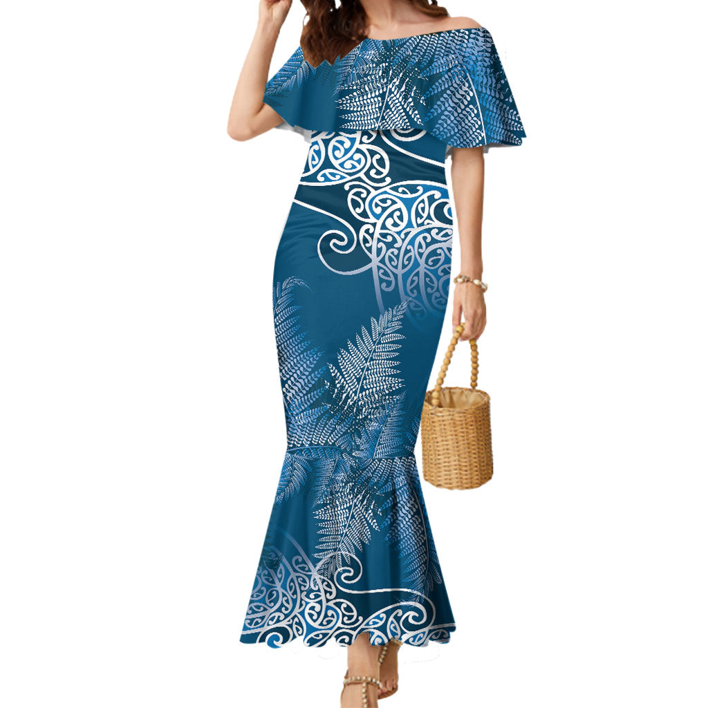 Aotearoa Maori Koru Curves Mermaid Dress Silver Ferns - Navy Blue