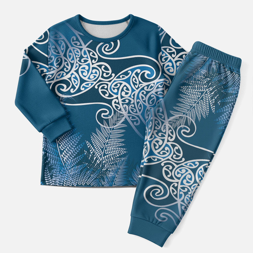 Aotearoa Maori Koru Curves Christmas Pajama Set Silver Ferns - Navy Blue LT7 Men Navy Blue - Polynesian Pride