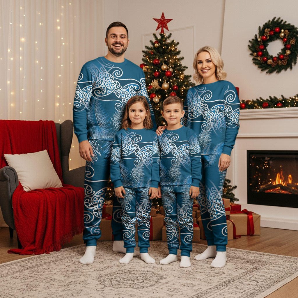 Aotearoa Maori Koru Curves Christmas Pajama Set Silver Ferns - Navy Blue LT7 - Polynesian Pride