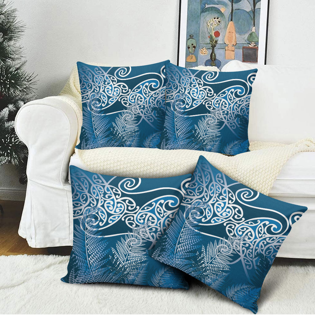 Aotearoa Maori Koru Curves Pillow Cover Silver Ferns - Navy Blue
