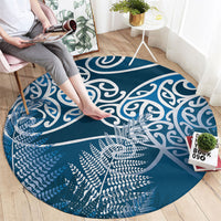 Aotearoa Maori Koru Curves Round Carpet Silver Ferns - Navy Blue