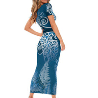 Aotearoa Maori Koru Curves Short Sleeve Bodycon Dress Silver Ferns - Navy Blue