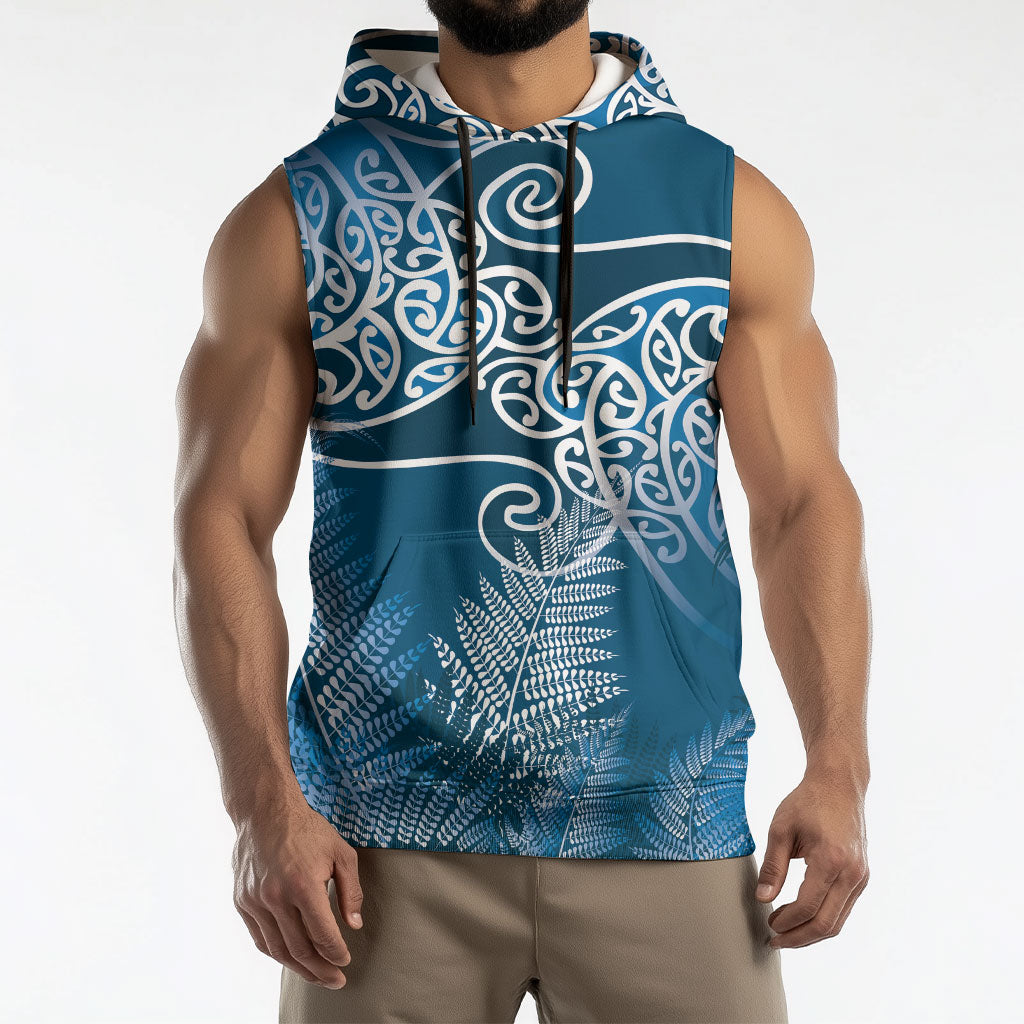 Aotearoa Maori Koru Curves Sleeveless Hoodie Silver Ferns - Navy Blue