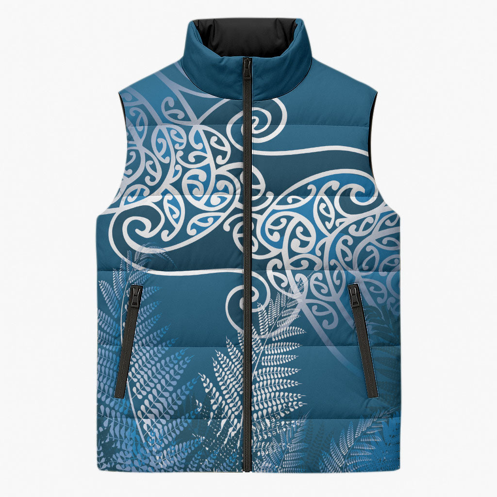 Aotearoa Maori Koru Curves Sleeveless Puffer Jacket Silver Ferns - Navy Blue