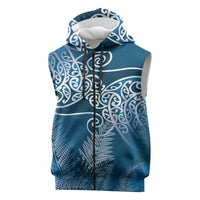 Aotearoa Maori Koru Curves Sleeveless Zip Hoodie Silver Ferns - Navy Blue