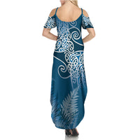 Aotearoa Maori Koru Curves Summer Maxi Dress Silver Ferns - Navy Blue