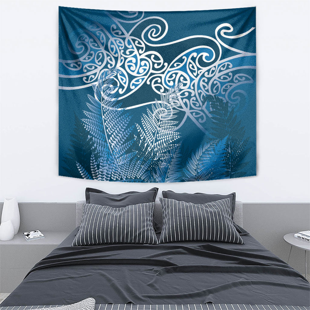 Aotearoa Maori Koru Curves Tapestry Silver Ferns - Navy Blue