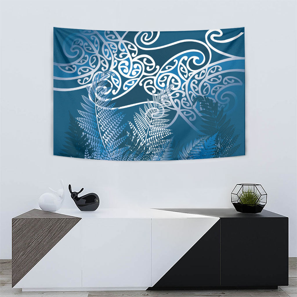Aotearoa Maori Koru Curves Tapestry Silver Ferns - Navy Blue